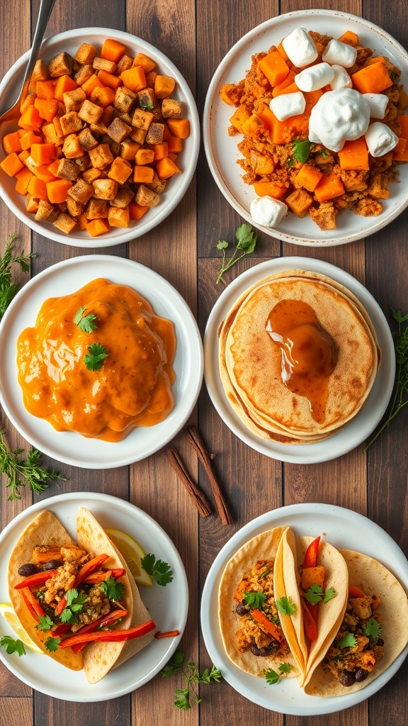 Five delicious sweet potato dishes: hash, casserole, fries, pancakes, and tacos, arranged on a rustic table.